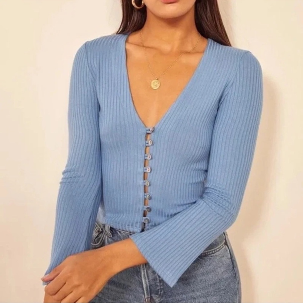 Reformation Sz XS Ribbed Gellar Top Sky Blue Button Front Tencel 3/4 Sleeve